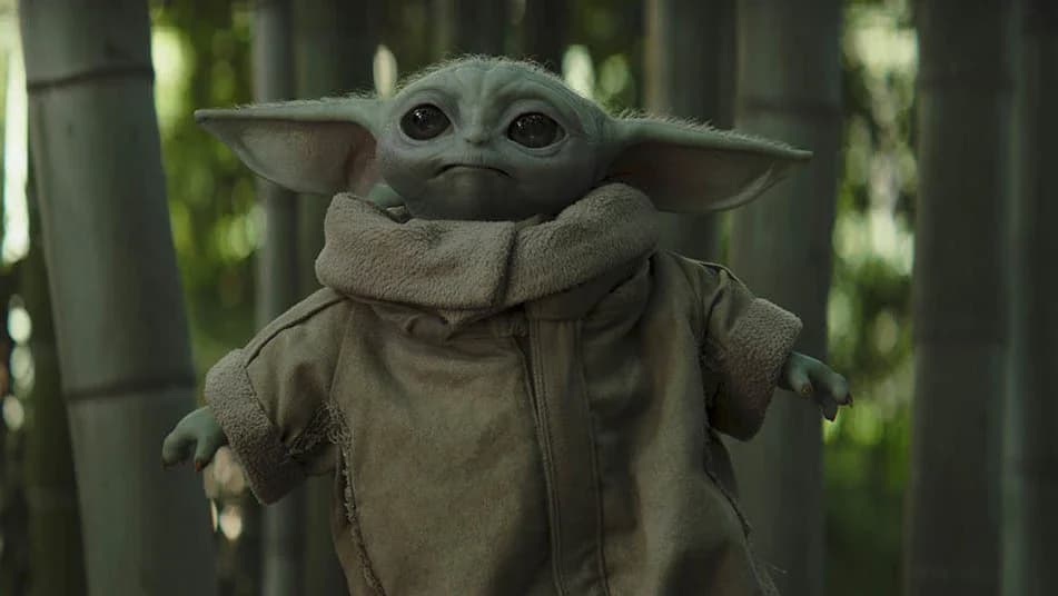 Steiff Grogu plush toy displayed against a neutral background, showcasing the collectible figurine from Star Wars merchandise