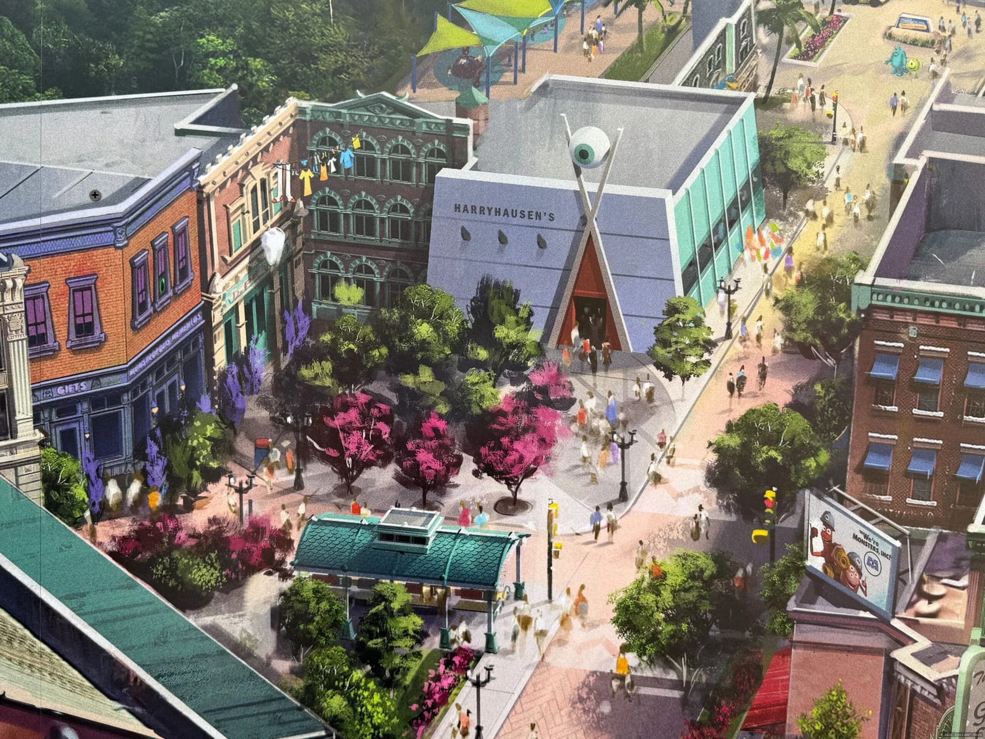 Concept artwork or rendering of a Monsters, Inc themed land at Disney's Hollywood Studios, showing vibrant blue and…