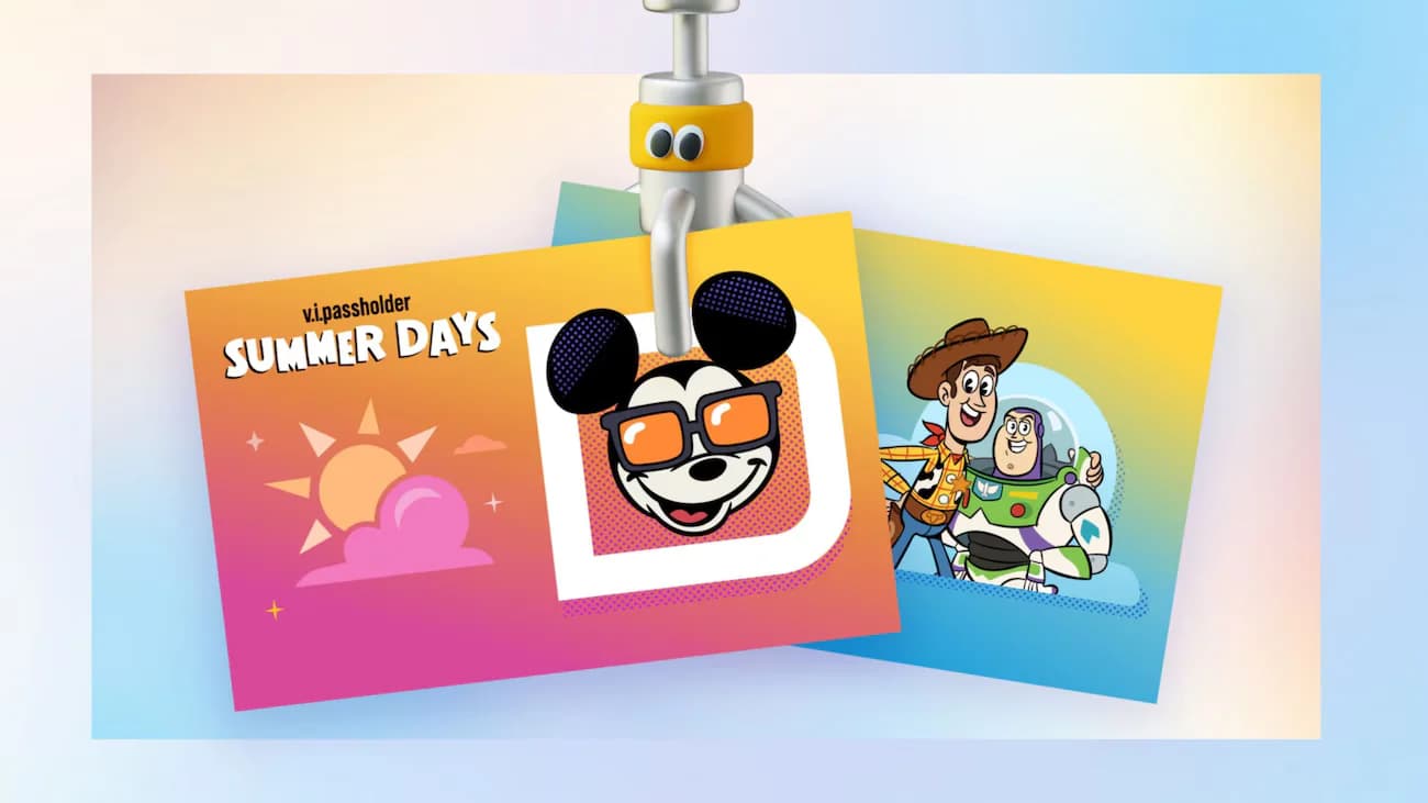 Two new Disney World Annual Passholder MagicMobile designs displayed side by side, featuring summer-themed artwork and…