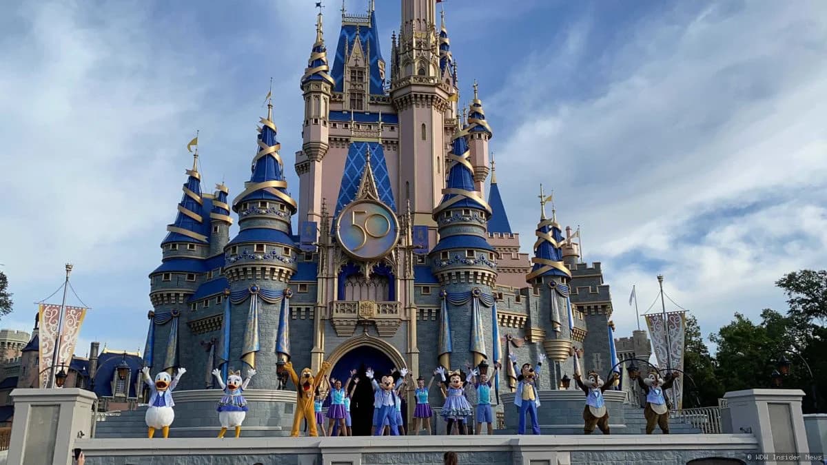 Cinderella's Castle at Magic Kingdom bathed in evening light with empty park pathways visible