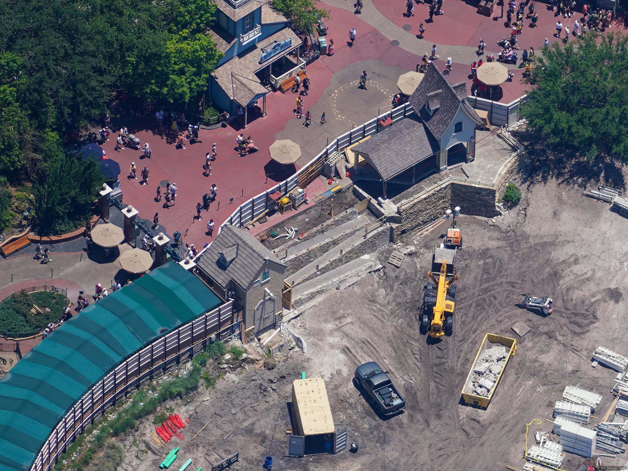 Demolition site at Magic Kingdom showing the removed Mike Fink Keel Boat Landing structure during Piston Peak theme land…