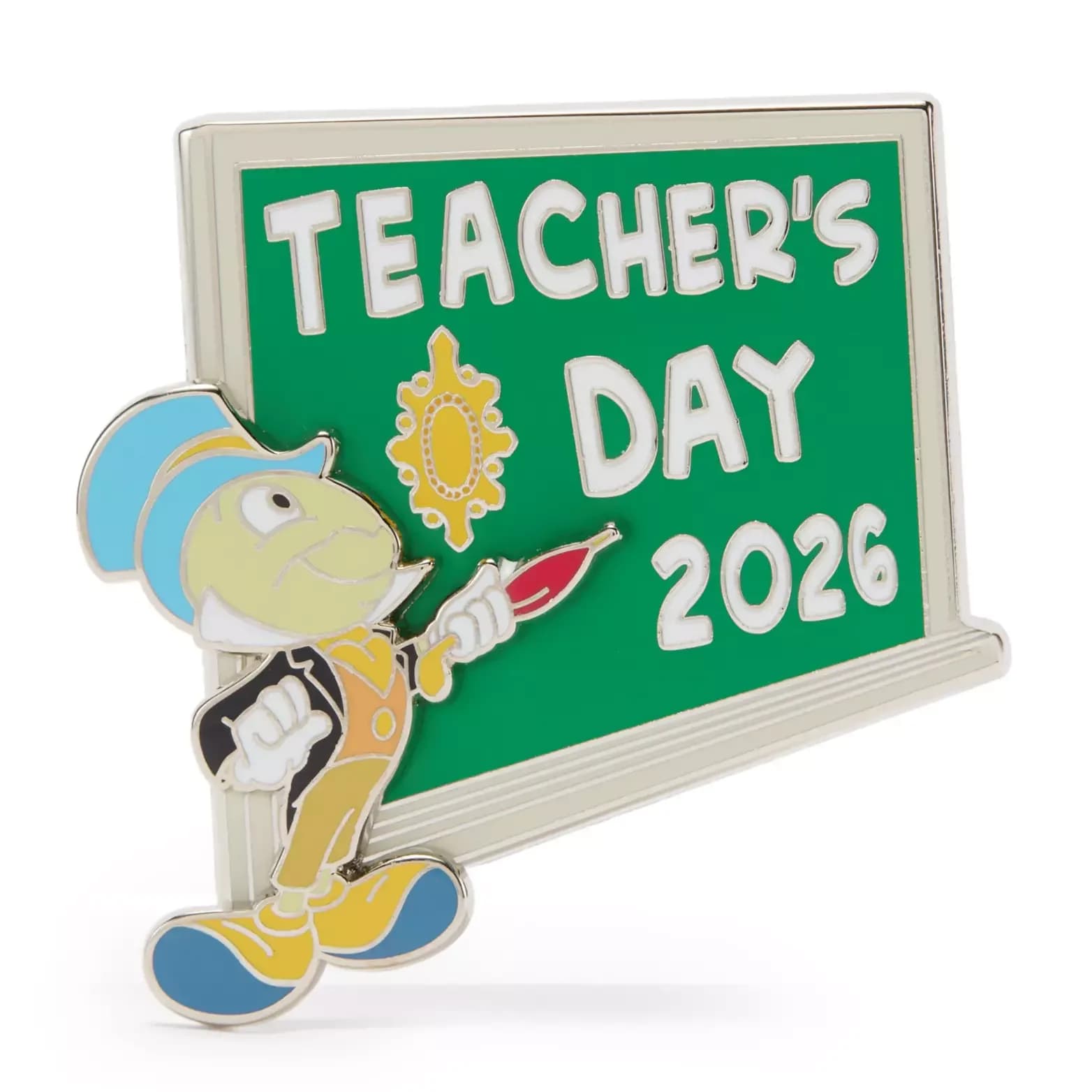 Disney character pins arranged in display rows, featuring nurse and teacher themed designs with pastel backgrounds