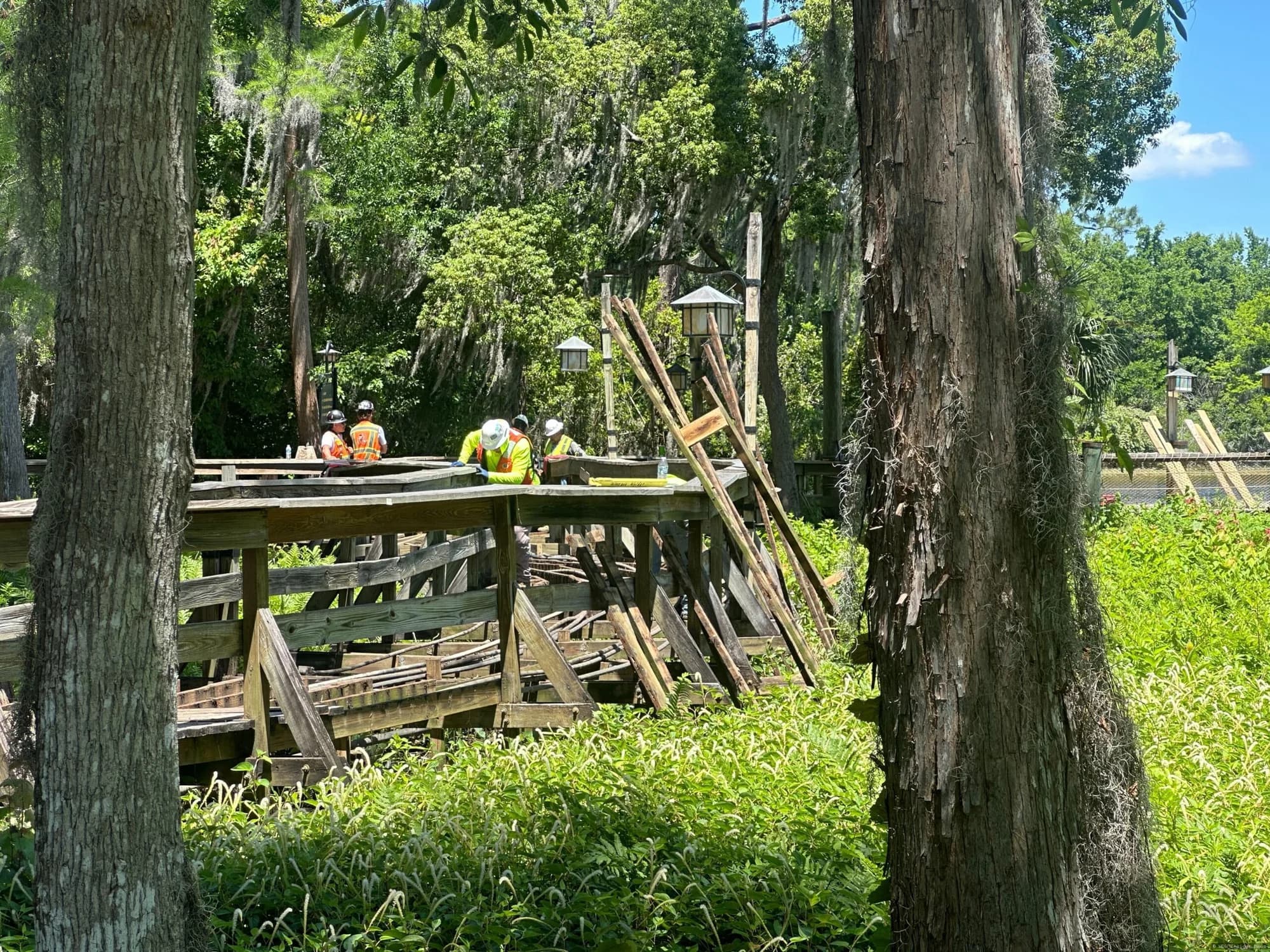 Construction barriers and equipment at Disney's Wilderness Lodge security kiosk and boat dock area