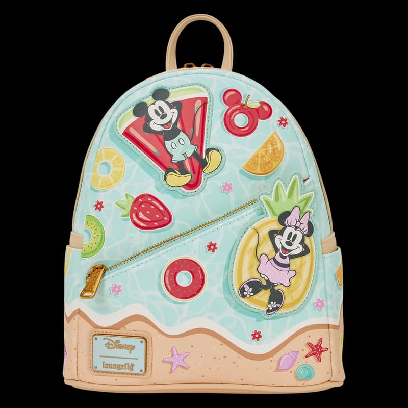 Mickey and Minnie Mouse illustrated on colourful beach-themed Loungefly bags displayed together