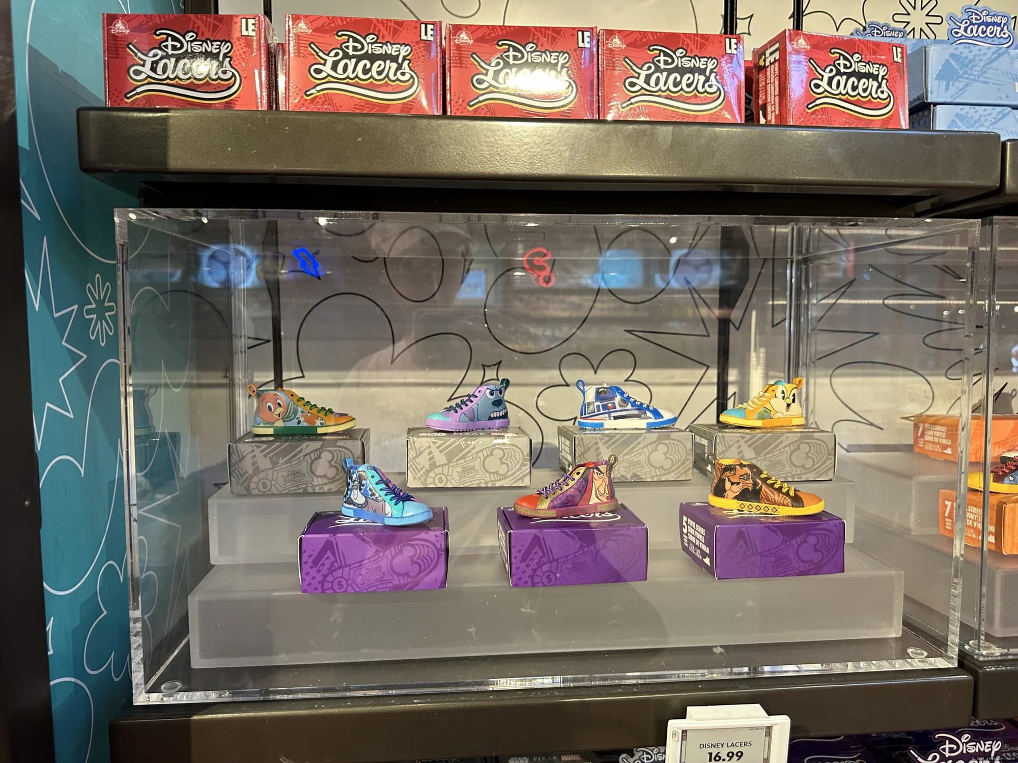 Colourful Disney Lacers mystery box packaging displayed at Animal Kingdom, featuring Star Wars, Marvel and Pixar…