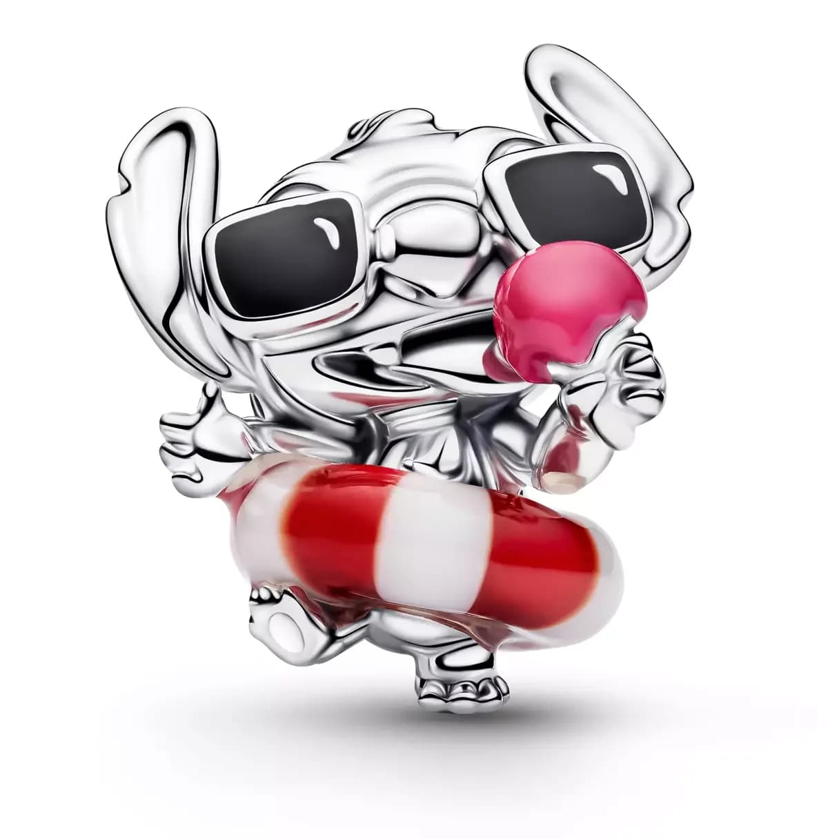 Stitch character charm wearing sunglasses and holding an inner tube, summer-themed Pandora jewellery piece