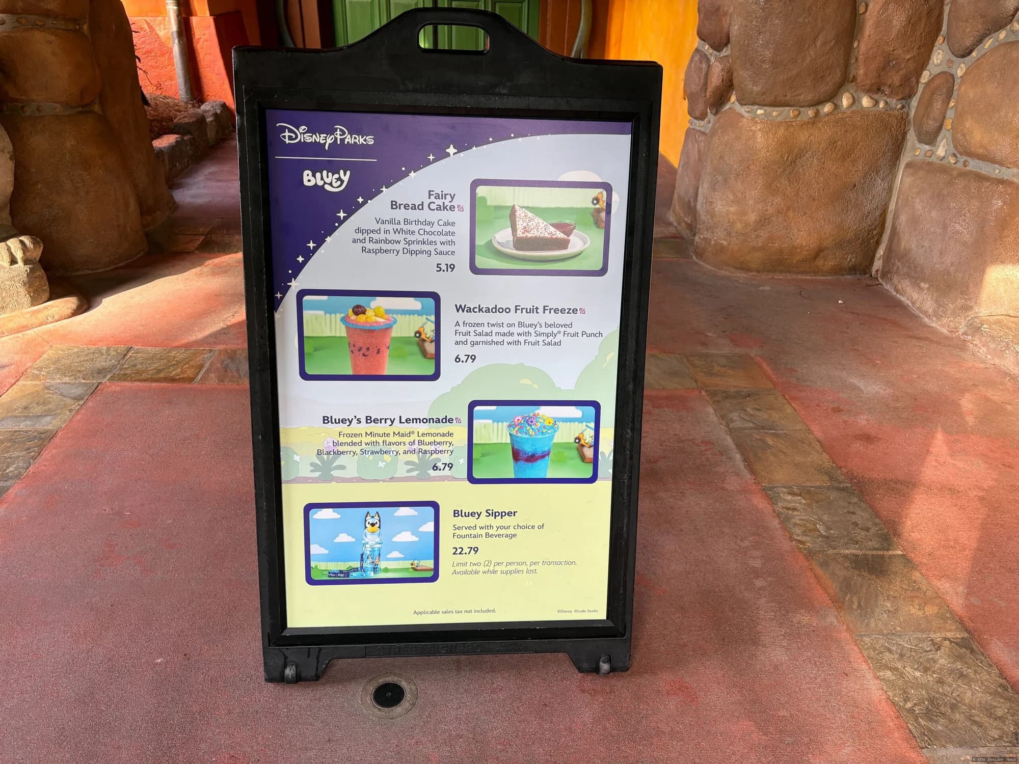 Bluey-themed food items displayed at Disney's Animal Kingdom, featuring colourful treats and beverages on a restaurant…