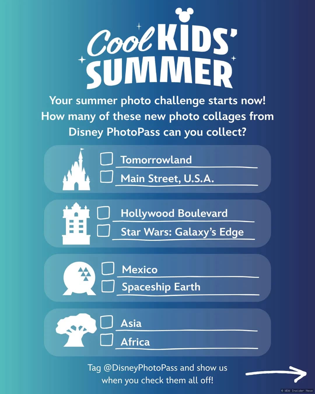 Eight photo locations scattered across four Walt Disney World parks for a summer PhotoPass challenge