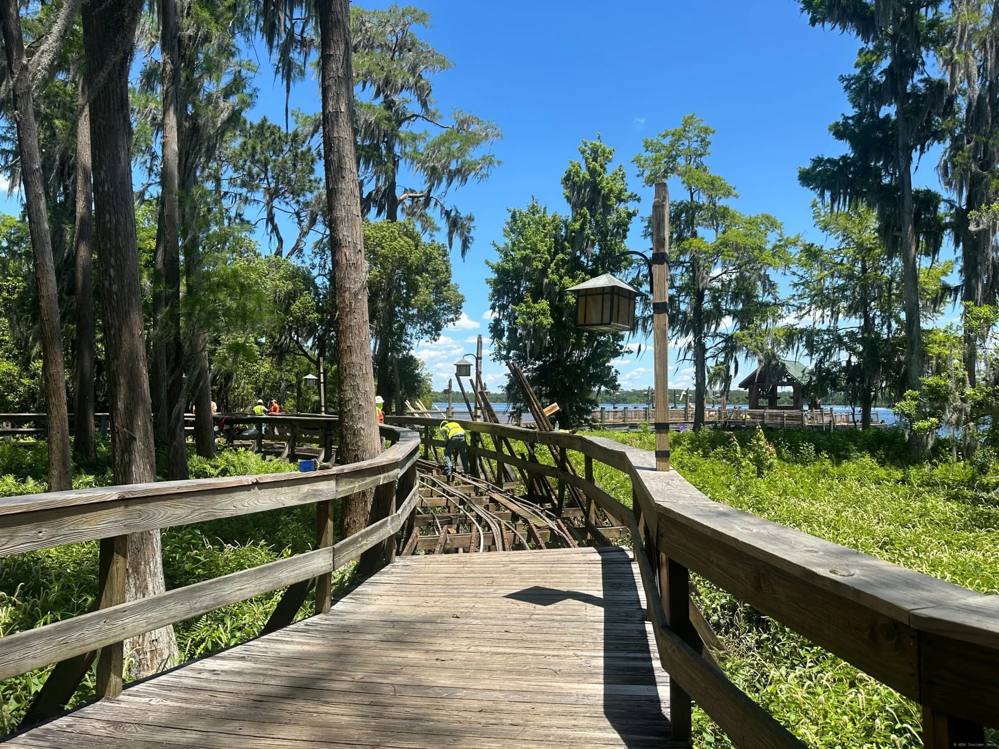 Construction barriers and equipment at Disney's Wilderness Lodge security kiosk and boat dock area