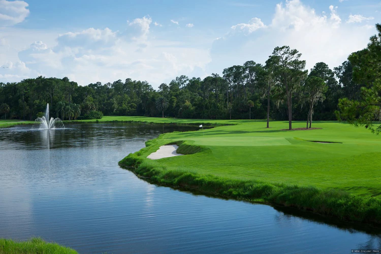 Four golfers playing on a lush fairway at a Disney World championship golf course under blue sky