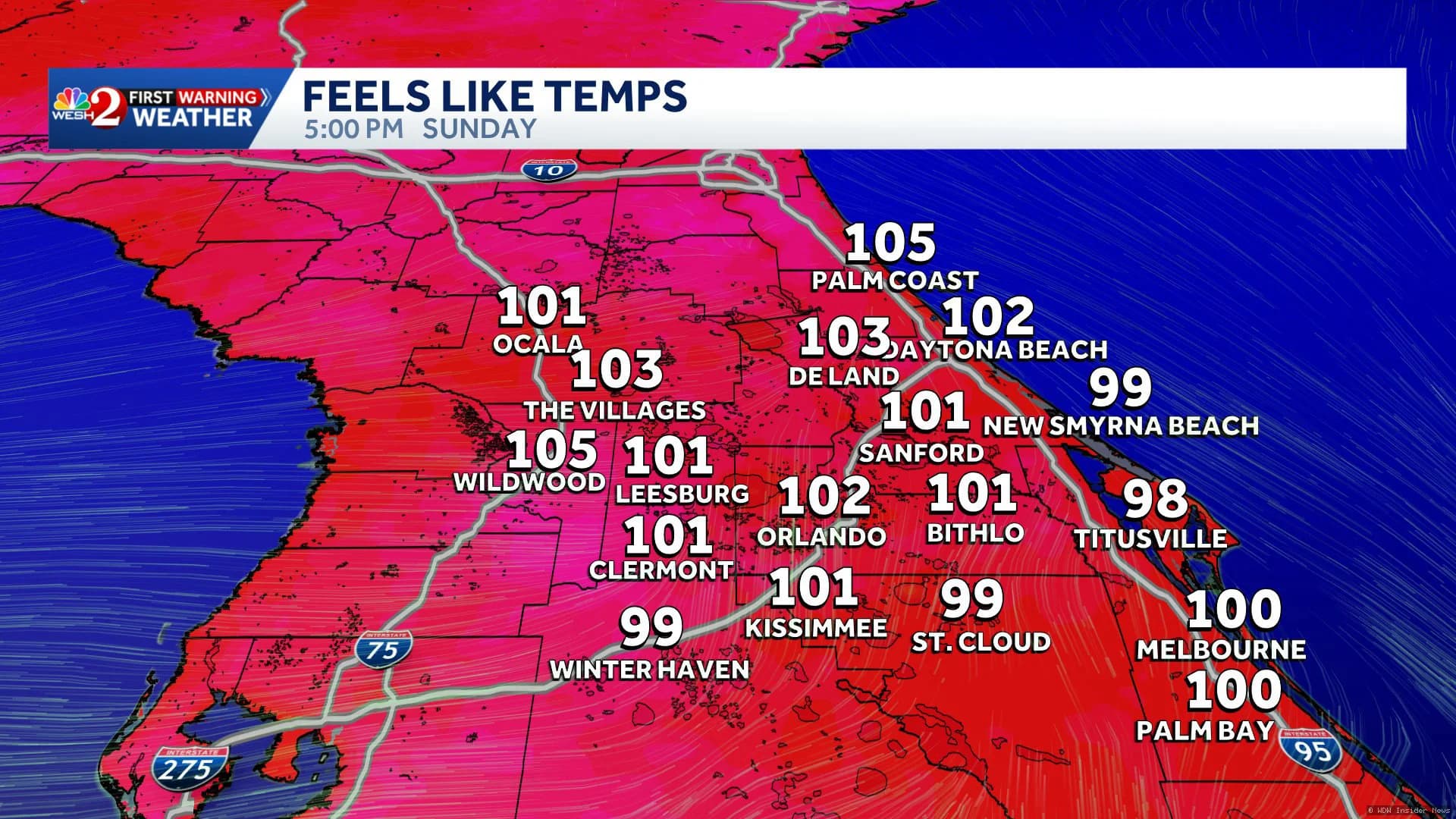 Thermometer displaying extreme heat reading under bright sunlight, symbolising intense summer weather in Florida