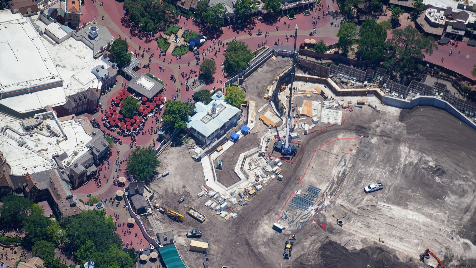 Demolition site at Magic Kingdom showing the removed Mike Fink Keel Boat Landing structure during Piston Peak theme land…