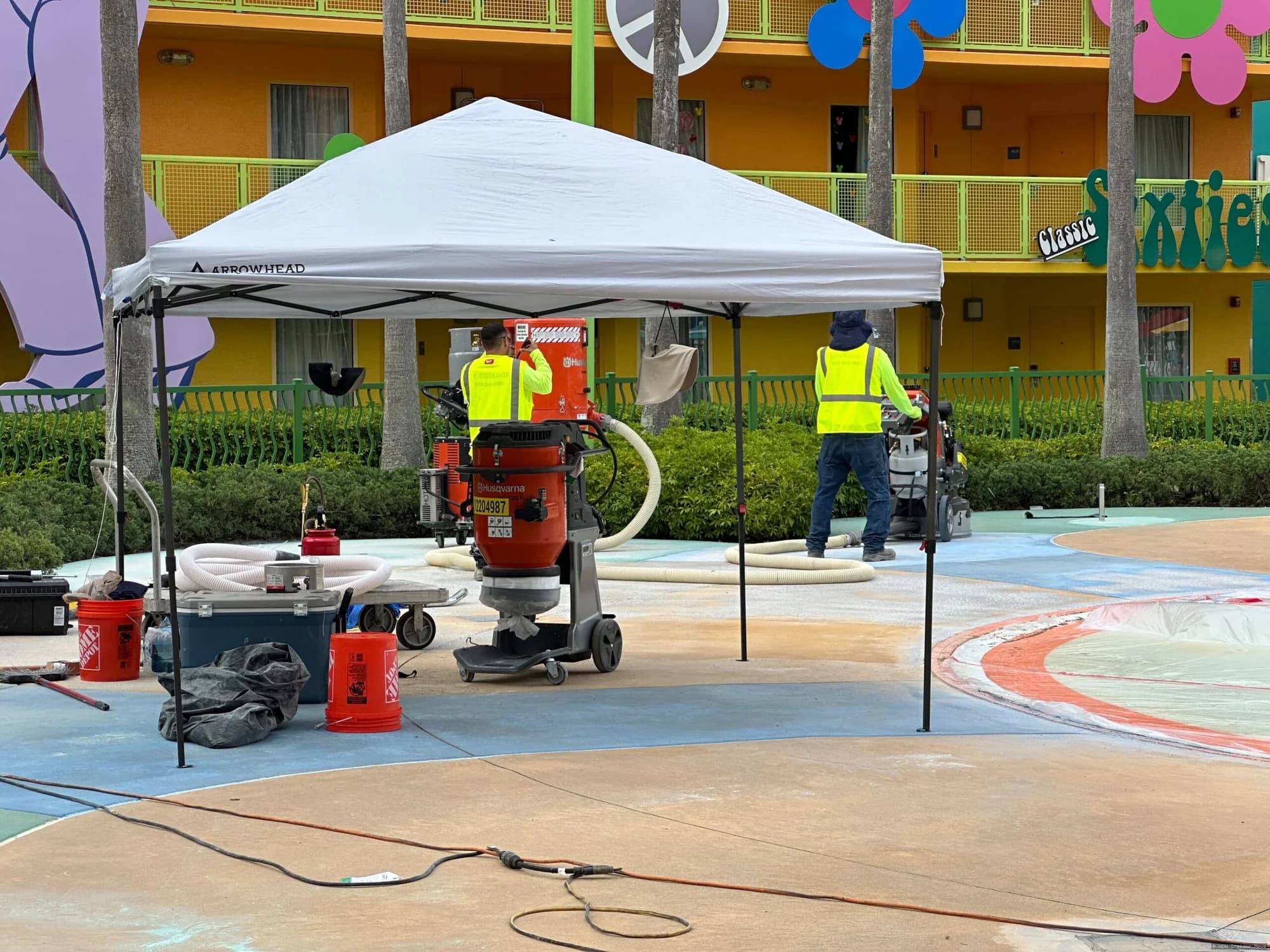 Fenced-off kiddie pool area at Disney's Pop Century Resort undergoing refurbishment works